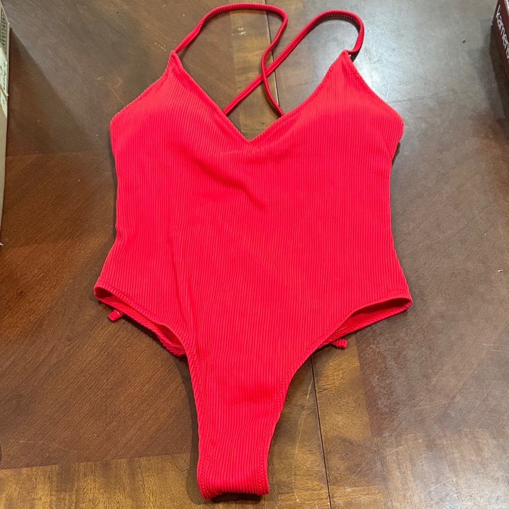 Classic Red Ribbed Strappy One Piece Swim Suit by Sunny Co
